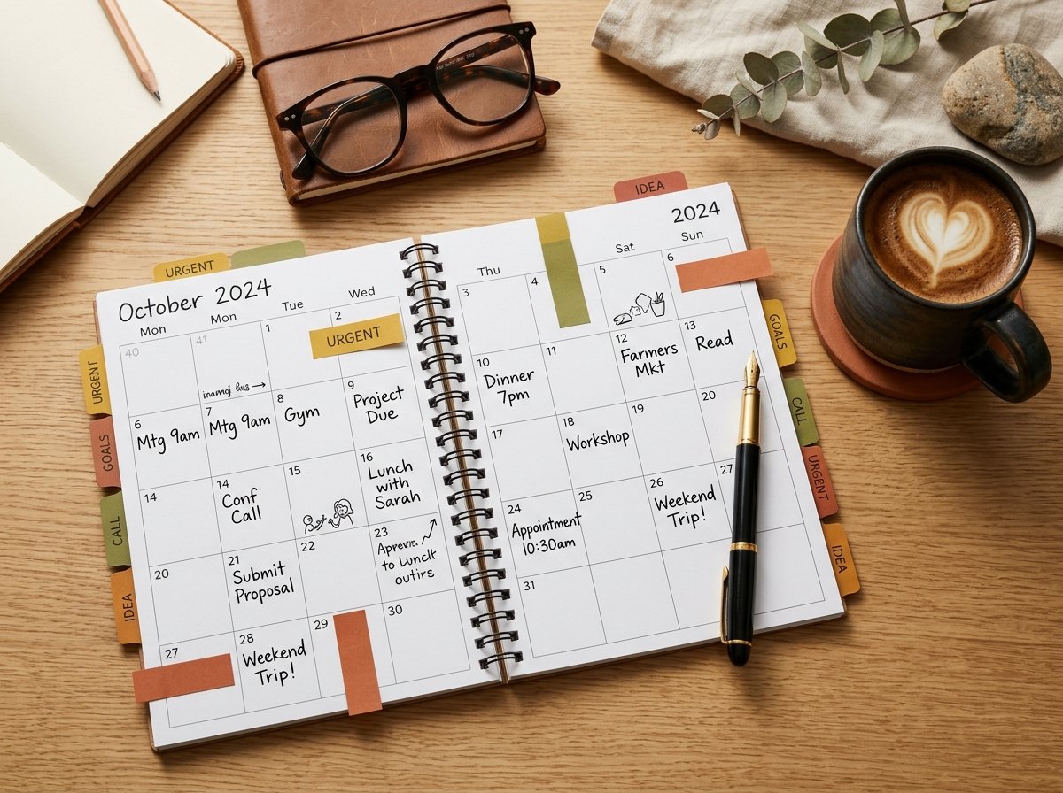 Monthly planner on warm desk