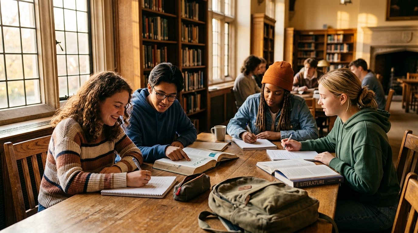 Students studying together in warm library light